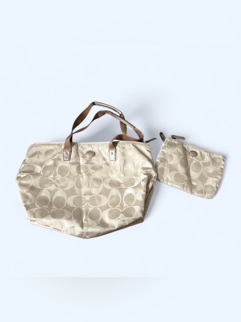 Coach Beige Signature Tote with Matching Pouch